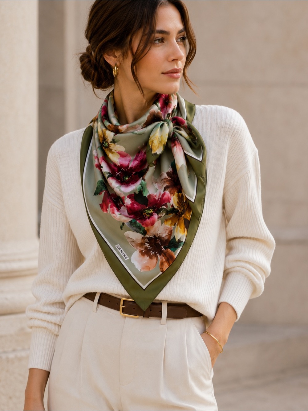 Armine 100% Silk Floral 34” Square Scarf Sage Green Watercolor Flowers Turkey